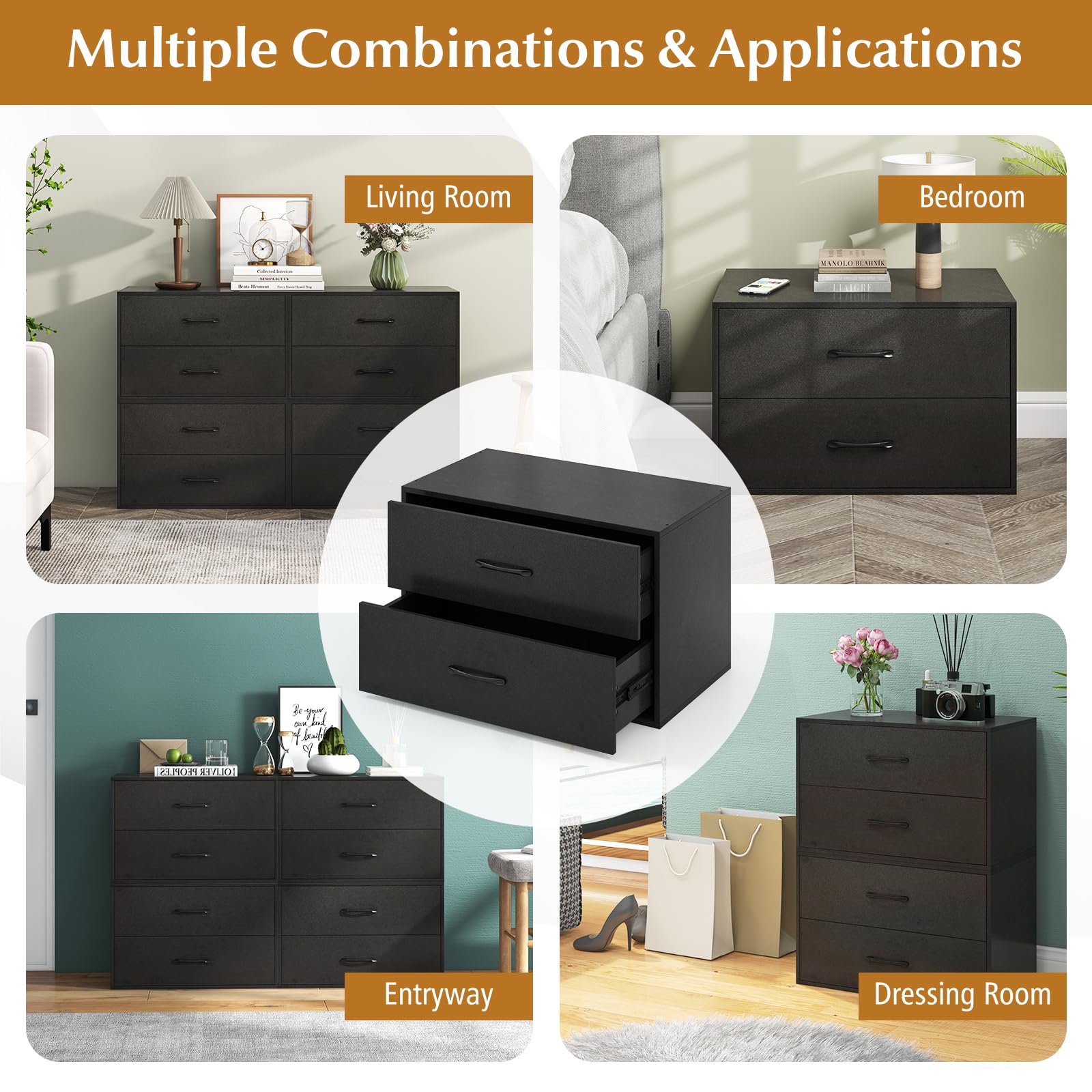 Giantex Stackable Drawers for Closet, 2-Drawer Short Dresser, Multi-Purpose Storage Cube with Anti-Scratch Pads(1/2, Black)