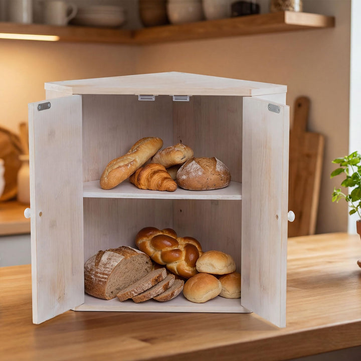 Giantex Corner Bread Box for Kitchen Countertop | Bamboo Wood Storage Bin with 2-Tier Pantry Shelves
