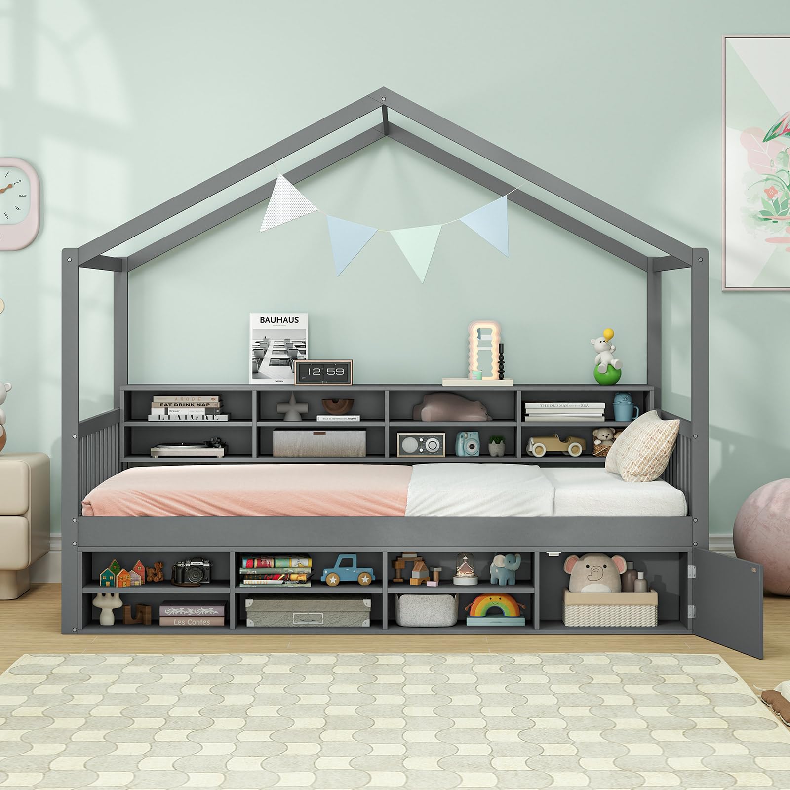 Giantex Twin Size House Bed with Storage, Wooden Montessori House Bed with 14 Storage Cubes