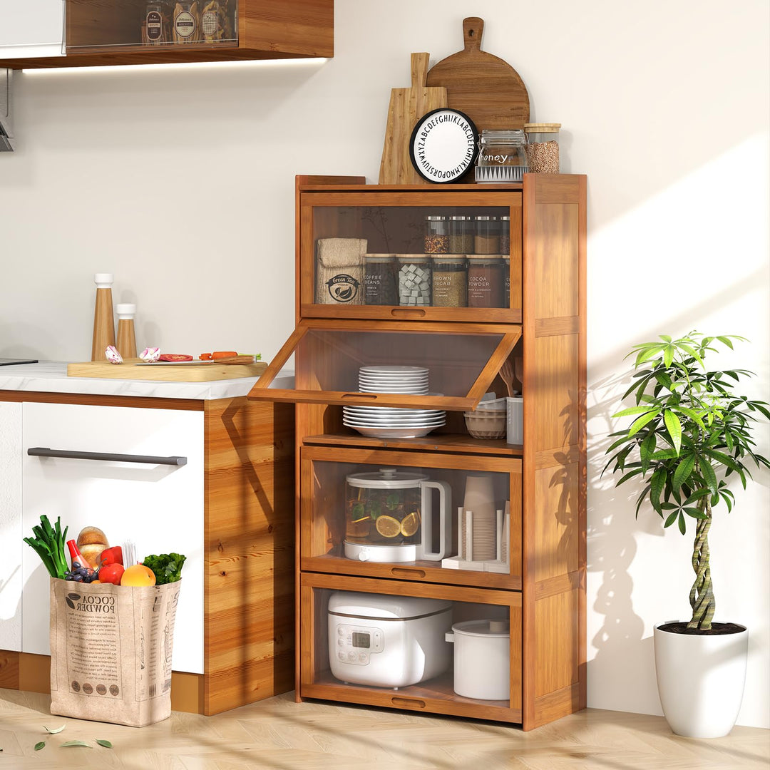 Giantex 4-Tier Bookcase with Clear Doors, 55" Bamboo Bookshelf with Flip-up Acrylic Doors, Freestanding Cube Storage Organizer with Shelves