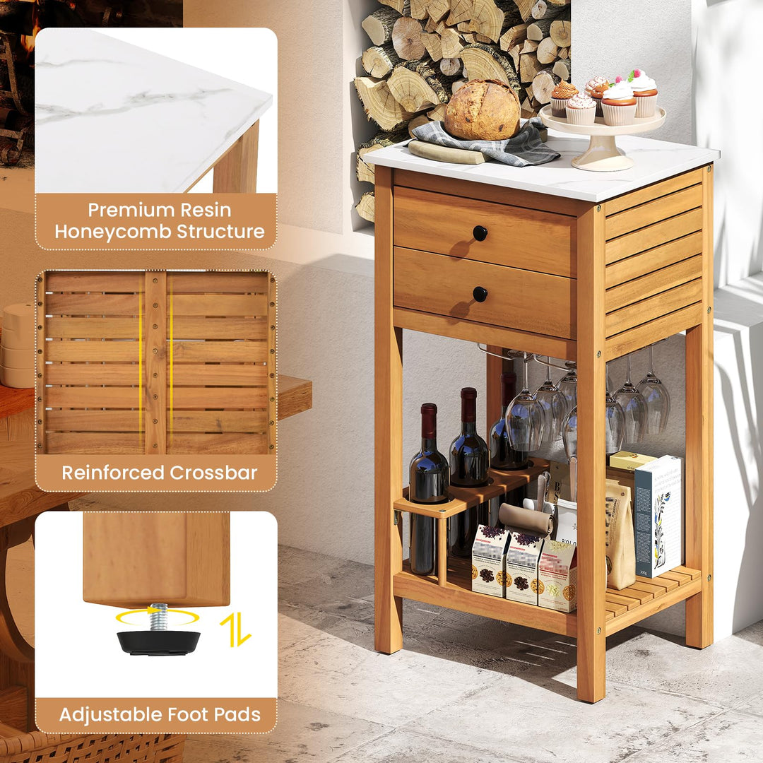 Giantex Acacia Wood Outdoor Side Table with Faux Marble Countertop, 2 Drawers