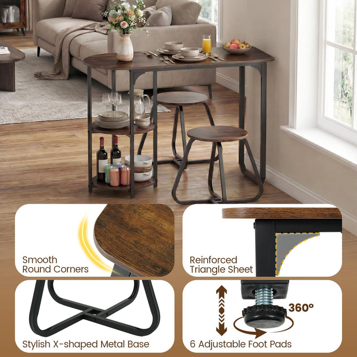 3-Piece Industrial Dining Table Set for Small Space-Rustic Brown