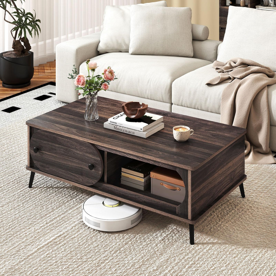GIANTEX Mid Century Modern Wood Coffee Table with Storage &amp; Sliding Door