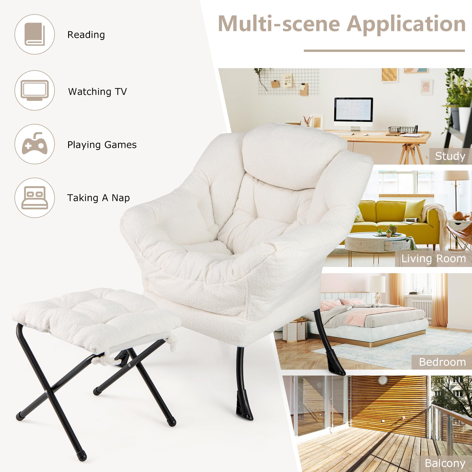 Giantex Set of 1/2 Lazy Chair with Folding Ottoman, Modern Sherpa Accent Chair w/Armrests & Pocket