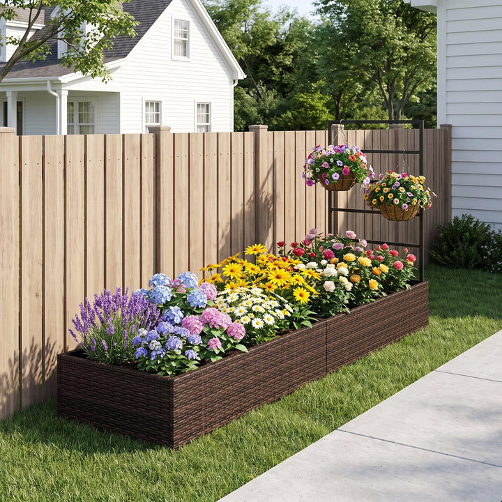 GIANTEX Rattan Raised Garden Bed with Trellis &amp; 2 Planter Boxes (1/2)