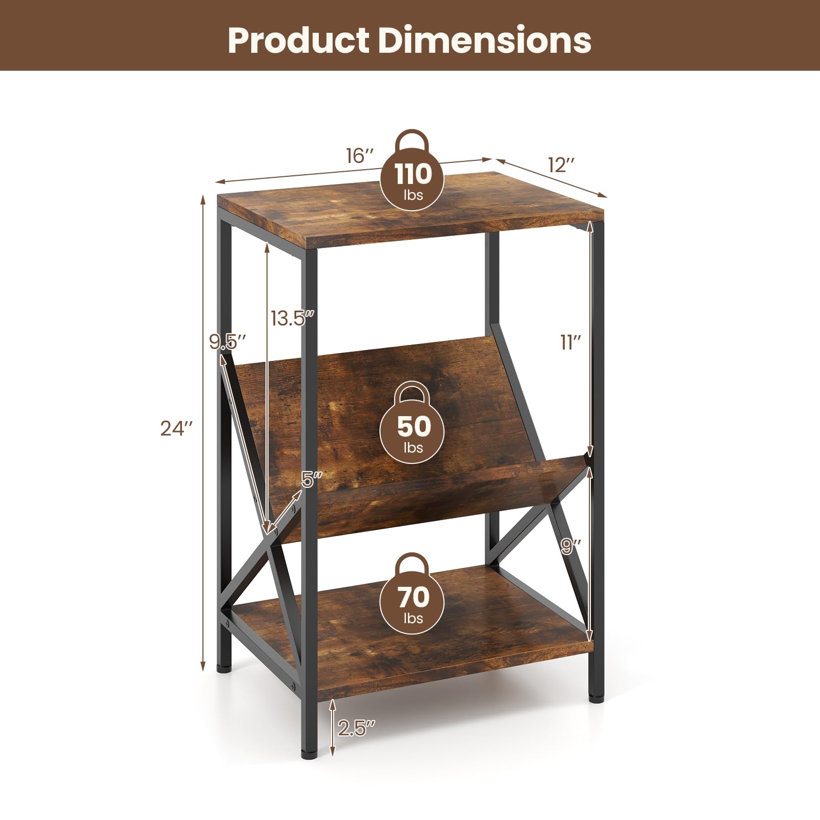 Giantex Record Player Stand, 3-Tier End Table w/ V-Shaped Magazine Holder, Turntable Stand with Record Storage Up to 80 Albums