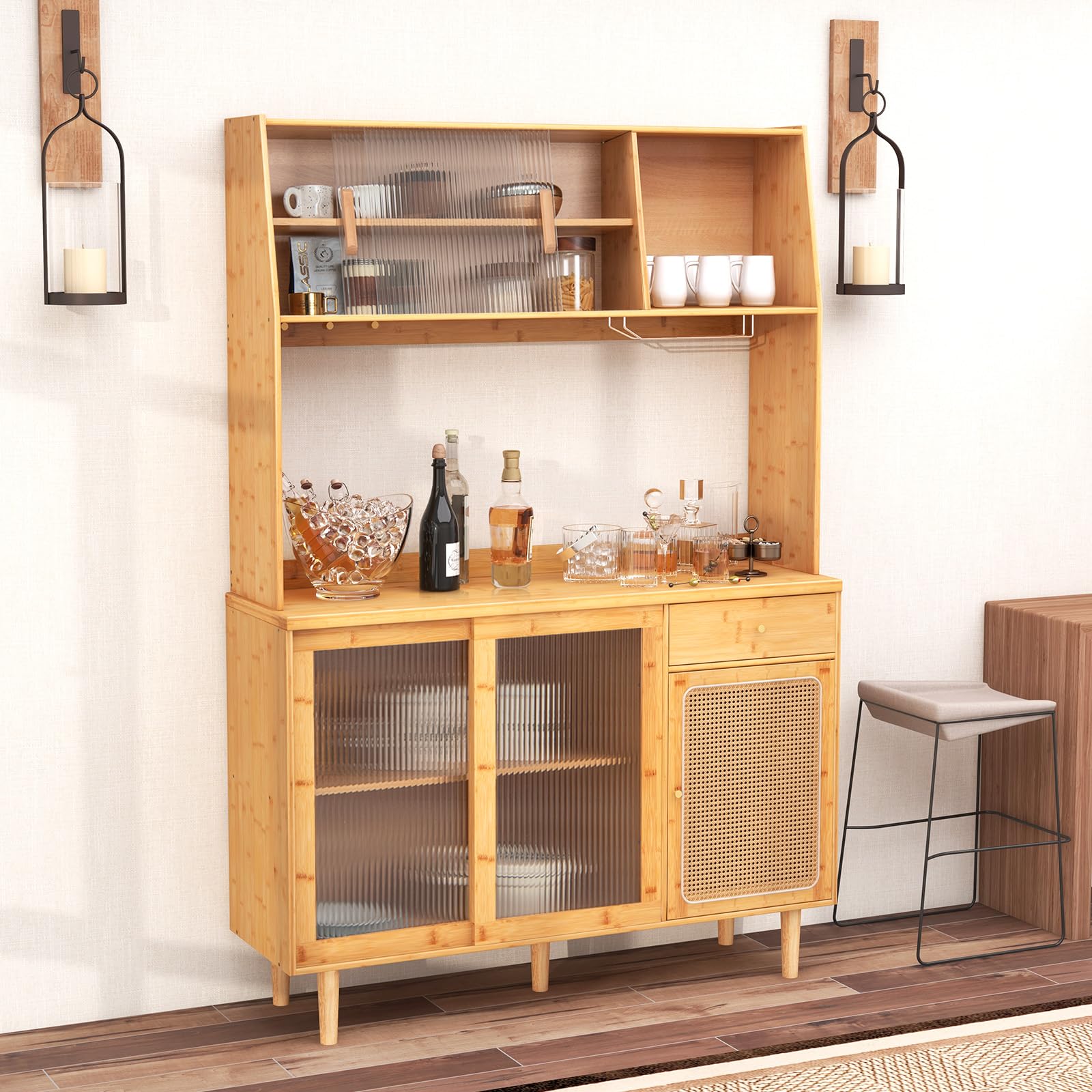 Giantex Pantry Cabinet 69" Bamboo Hutch Cabinet with Storage