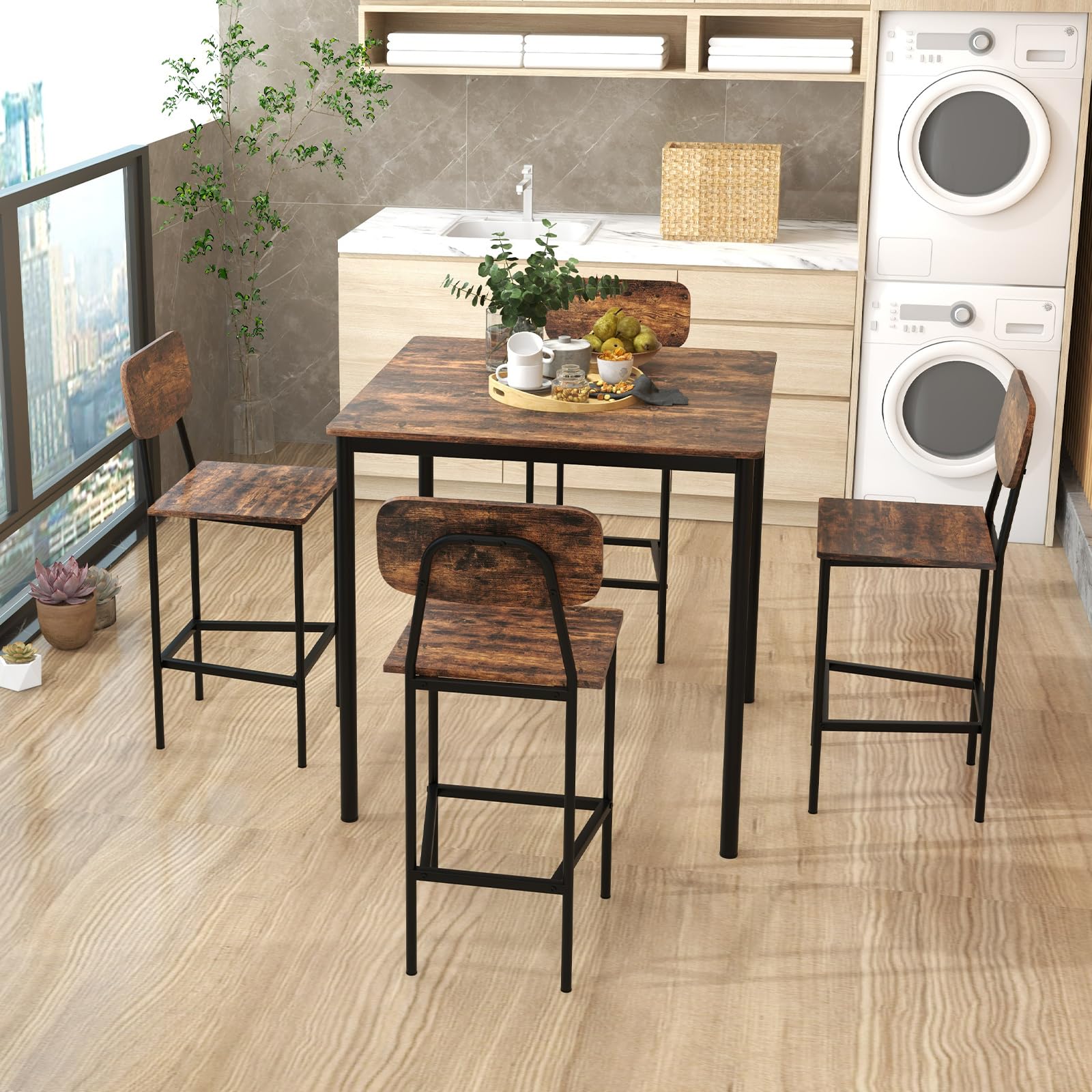 Giantex 5-Piece Dining Table Set W/Counter Height Table & 4 Bar Stools