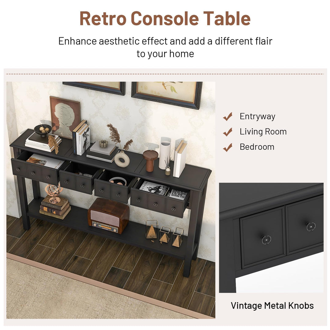 Giantex Narrow Console Table with Storage - 60" Long Sofa Side Table w/ 4 Drawers & Open Shelf, Espresso