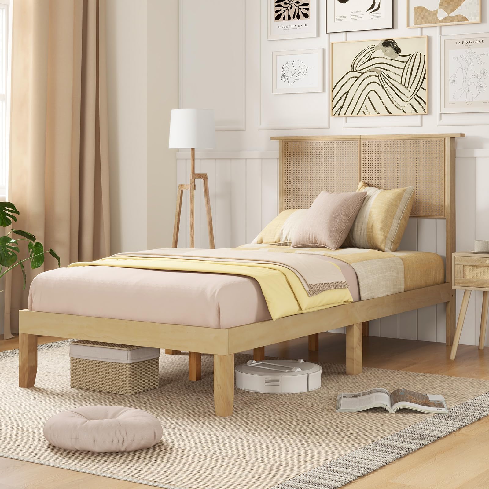 Giantex Bed Frames with Rattan Headboard, Boho Solid Wood Platform Bed with Wooden Slats