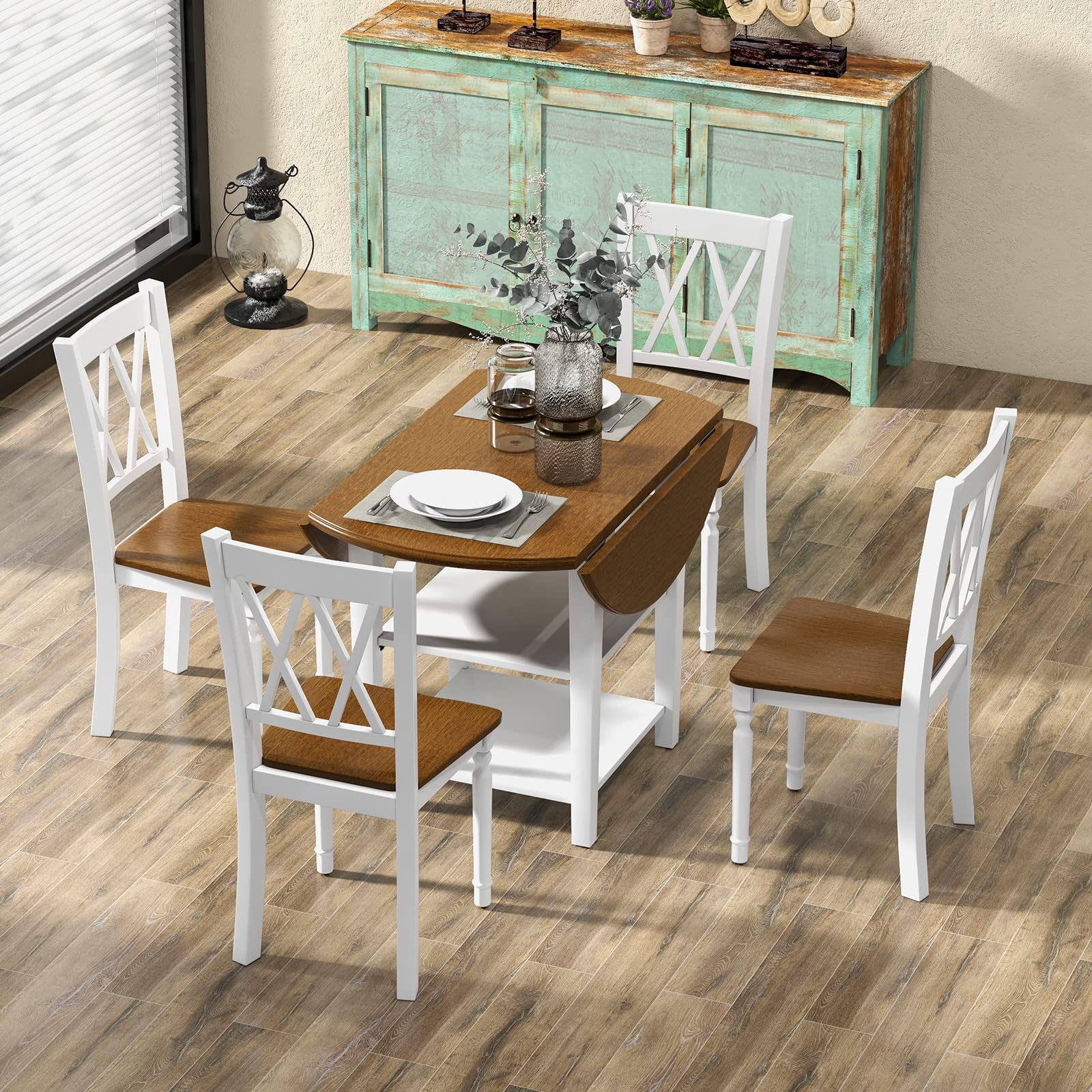 Giantex Dining Table Set for 4 w/Drop Leaf Round Kitchen Table & 4 Chairs, Dining Room Table w/Storage