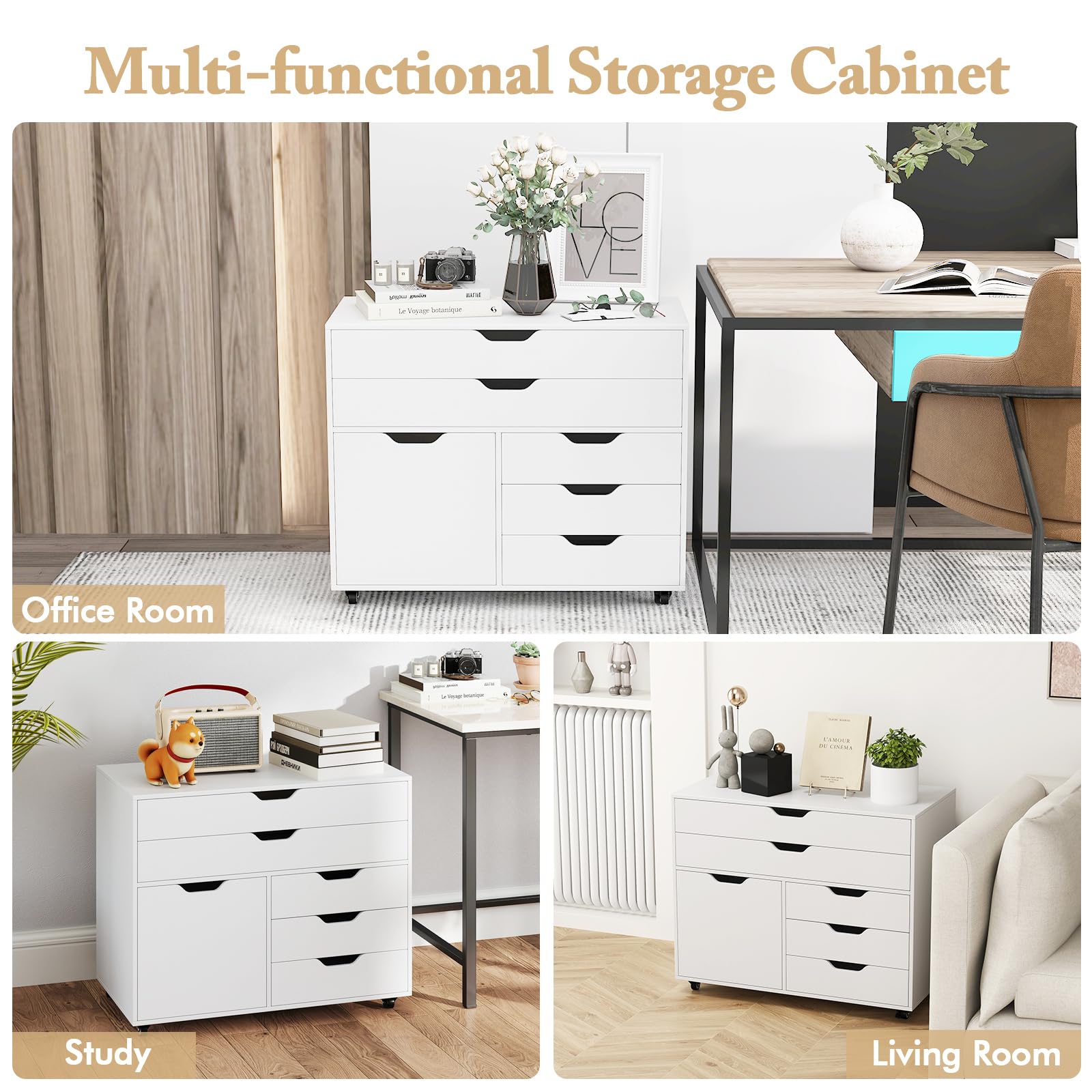 Giantex File Cabinet, Rolling Lateral Filing Cabinet with 2 Large Drawers, 3 Small Drawers