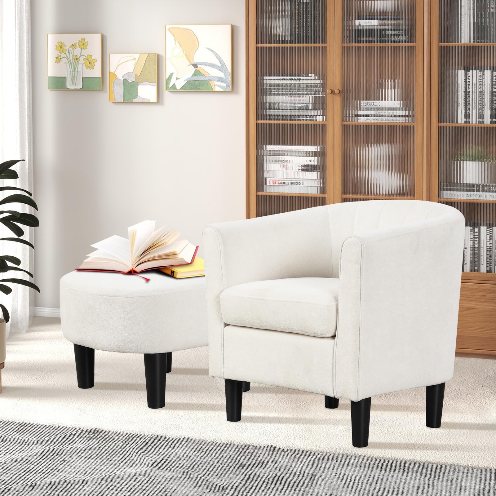 Giantex Modern Accent Chair with Ottoman, Upholstered Teddy Velvet Barrel Club Chair w/Footrest