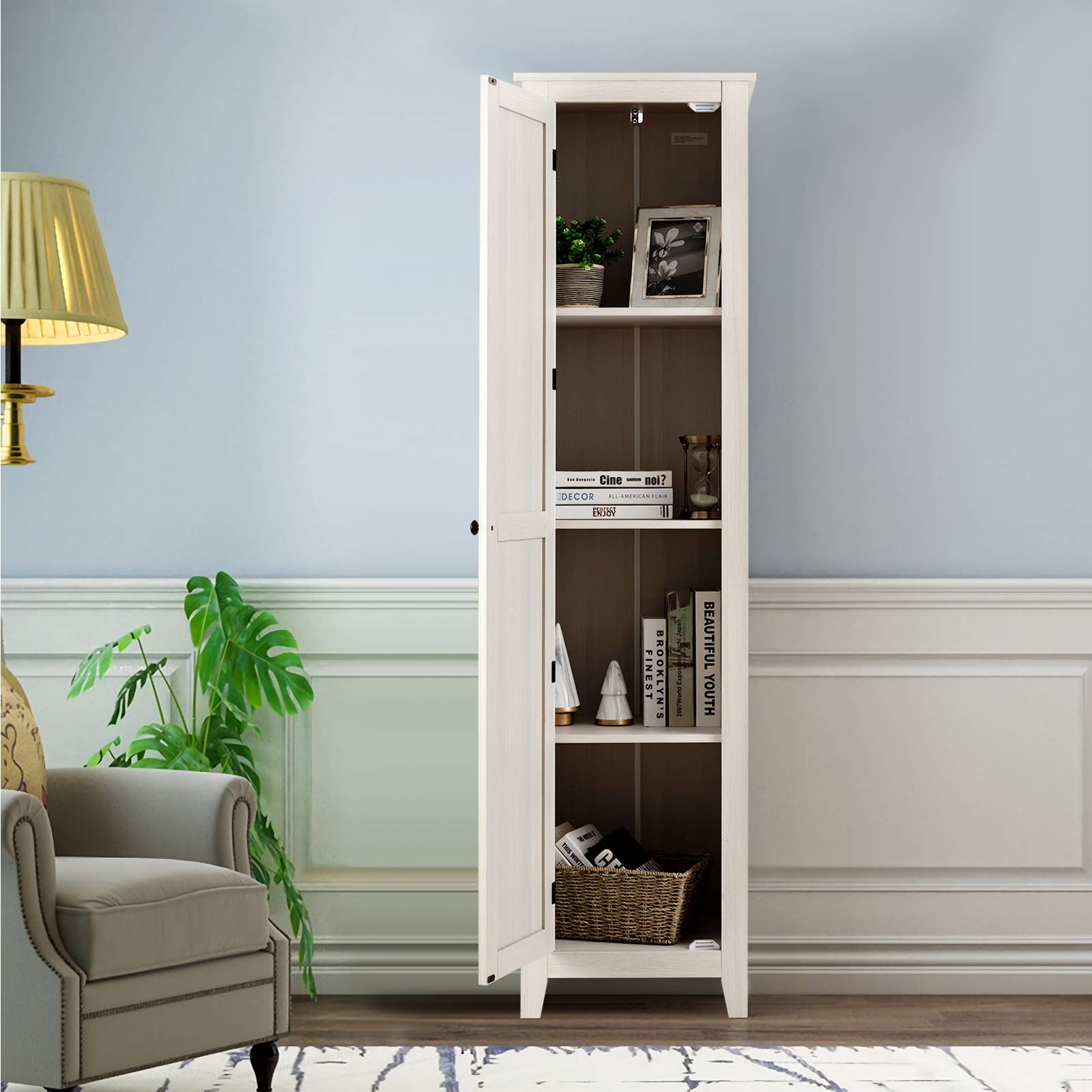 Giantex Tall Storage Cabinet Freestanding Floor Storage Tower with Four Shelves and Single Door