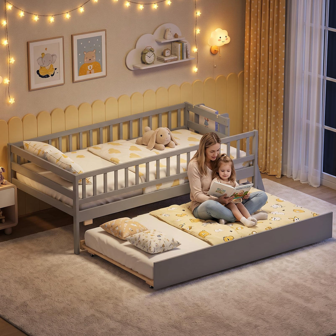 GIANTEX Trundle Bed Twin Size with Bookshelf | 2-Step Ladder for Kids