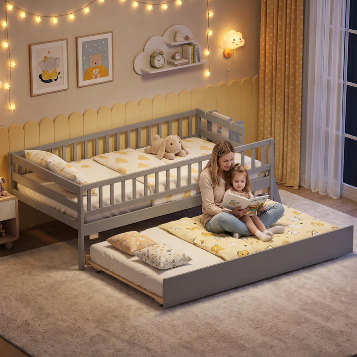 GIANTEX Trundle Bed Twin Size with Bookshelf | 2-Step Ladder for Kids