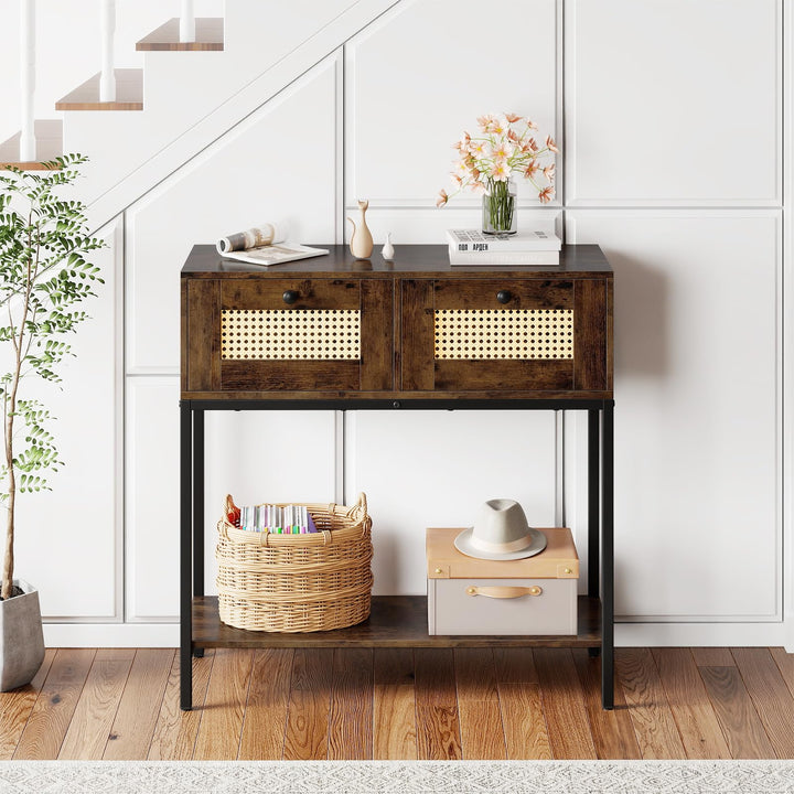 Giantex Rattan Console Table 32" Boho Entryway Table with 2 Drawers
