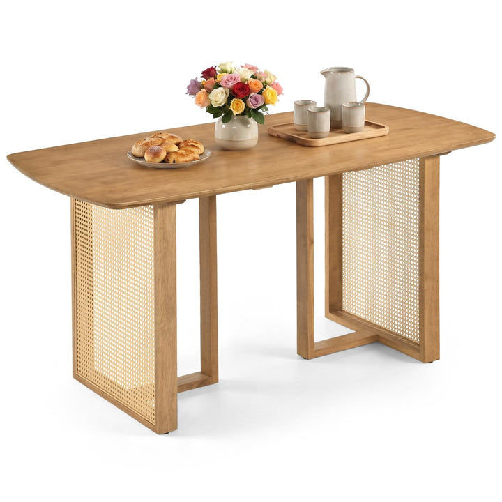 GIANTEX 55" Solid Rubber Wood Dining Table for 4-6 with Rattan Pedestal