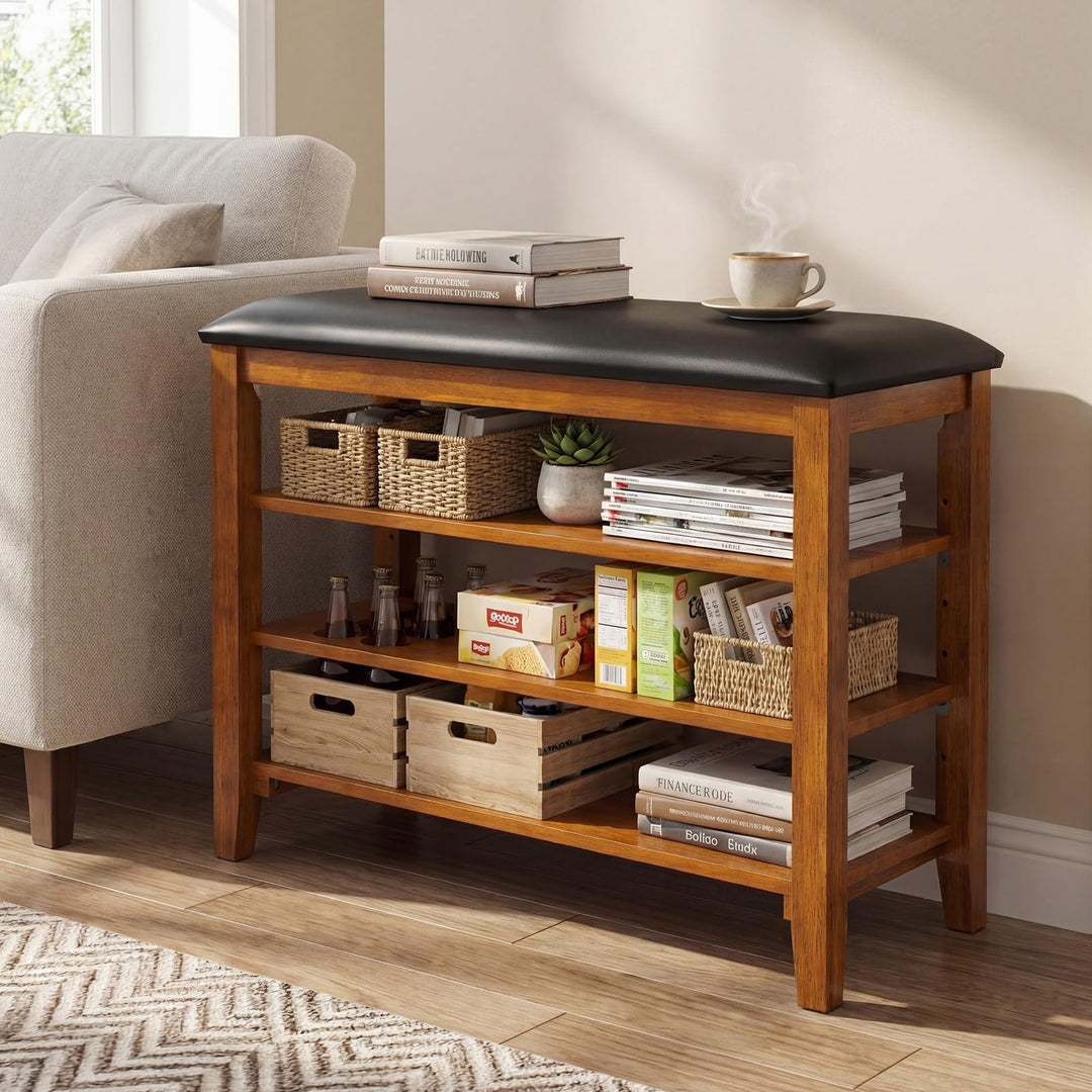Giantex 4-Tier Shoe Rack Bench | Rubber Wood Entryway Bench with Adjustable Shelves