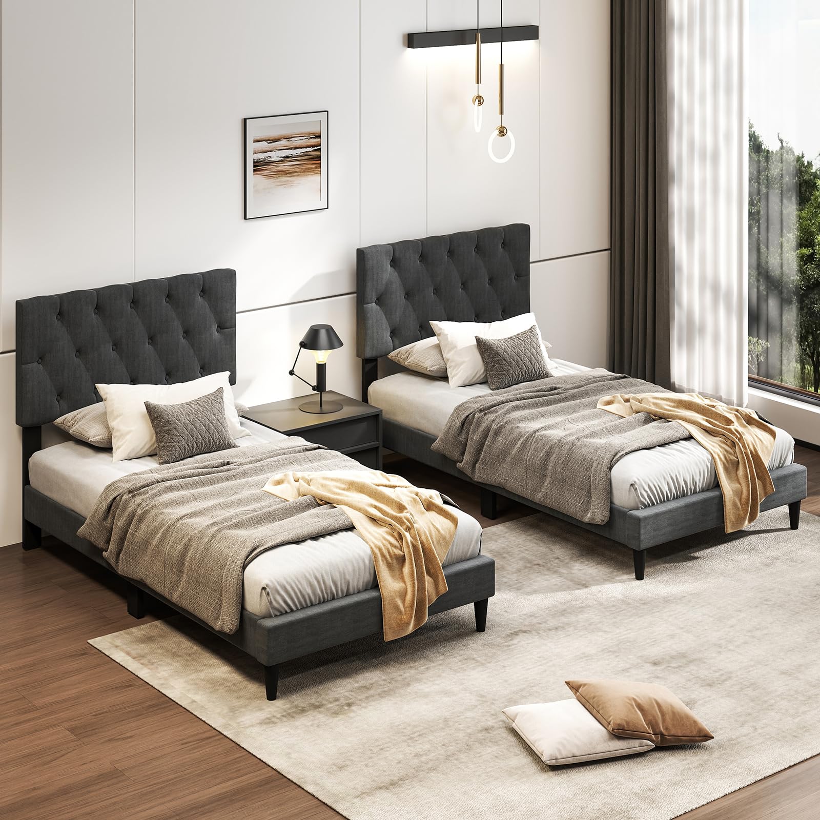 Modern Upholstered Platform Bed Frame with Diamond Tufting Headboard