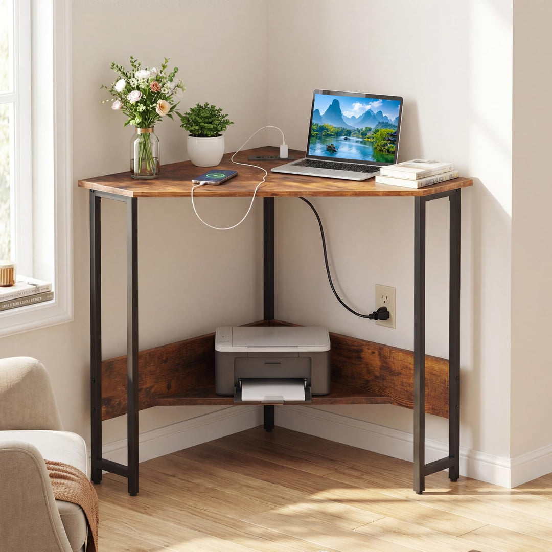 Giantex 90° Triangle Corner Desk with Charging Station
