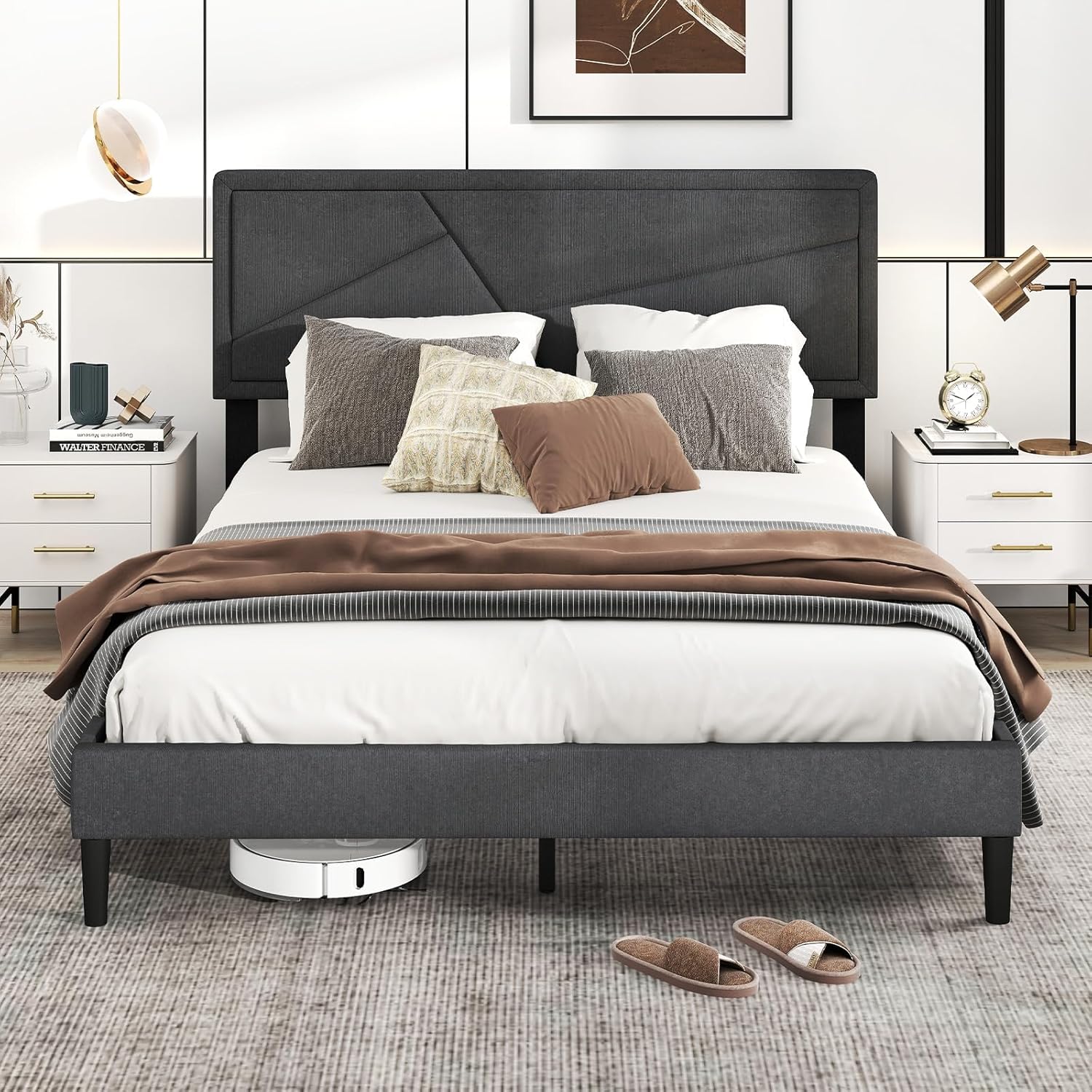 Modern Upholstered Platform Bed Frame with Geometric Tufting Headboard