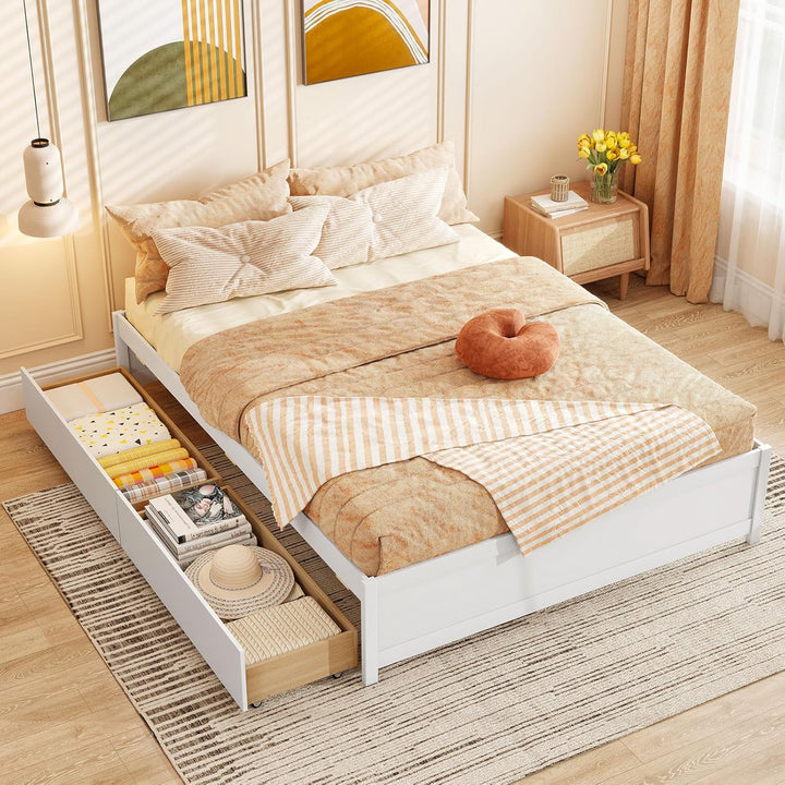 Giantex Bed Frame with 2 Storage Drawers, Solid Wood Platform Bed with Slats Support