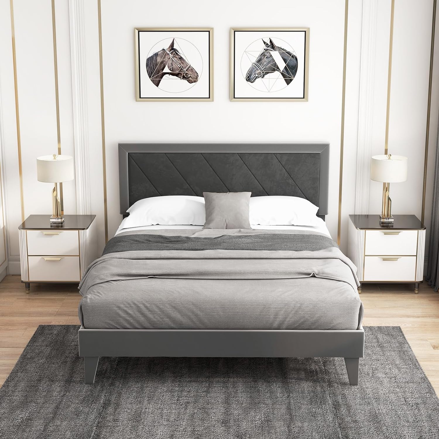 Giantex Full Size Velvet Bed Frame with Headboard, Modern Upholstered Platform Bed, No Box Spring Needed, Black & Gray