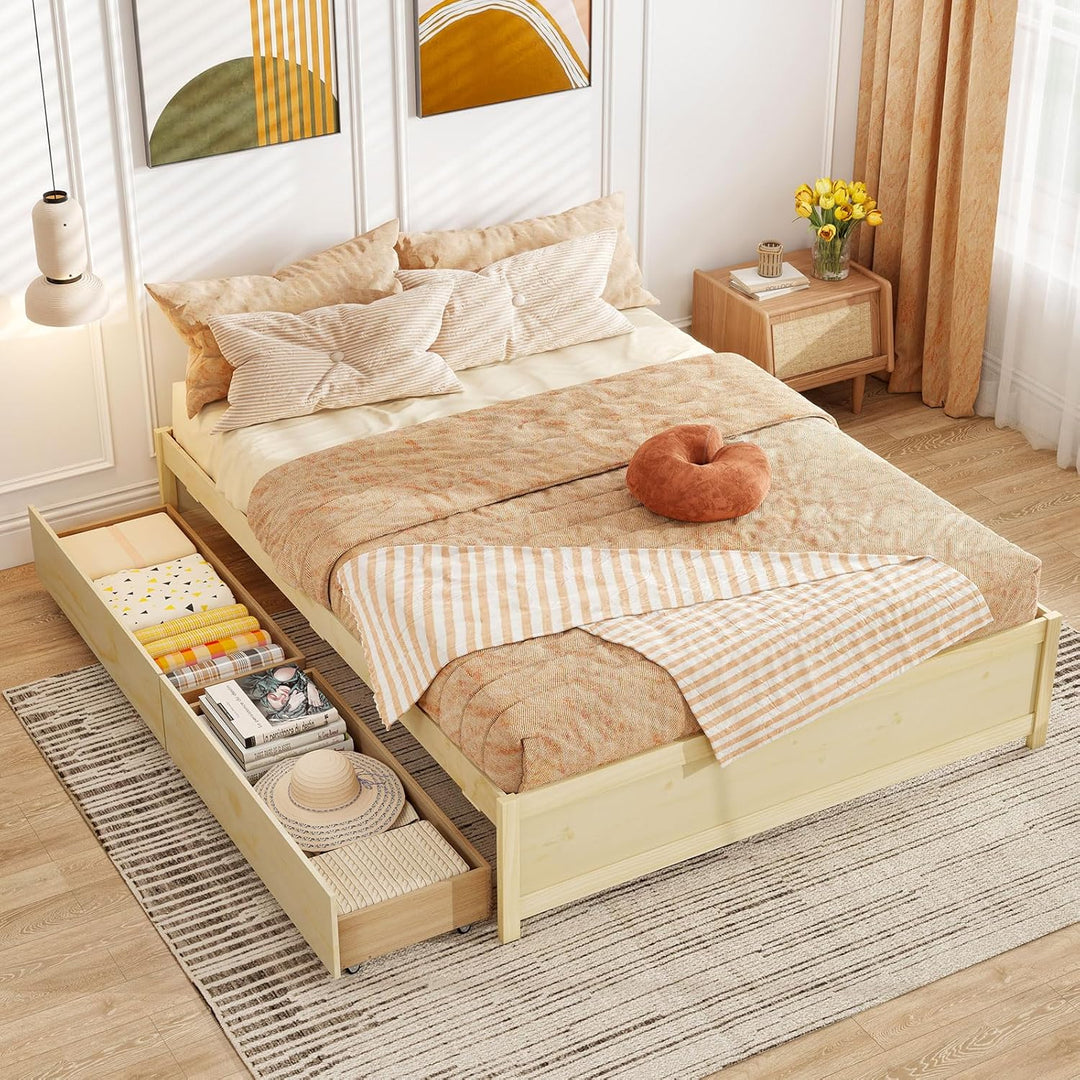 Giantex Bed Frame with 2 Storage Drawers, Solid Wood Platform Bed with Slats Support