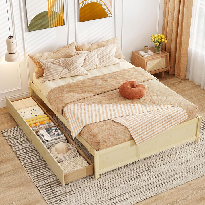 Giantex Bed Frame with 2 Storage Drawers, Solid Wood Platform Bed with Slats Support