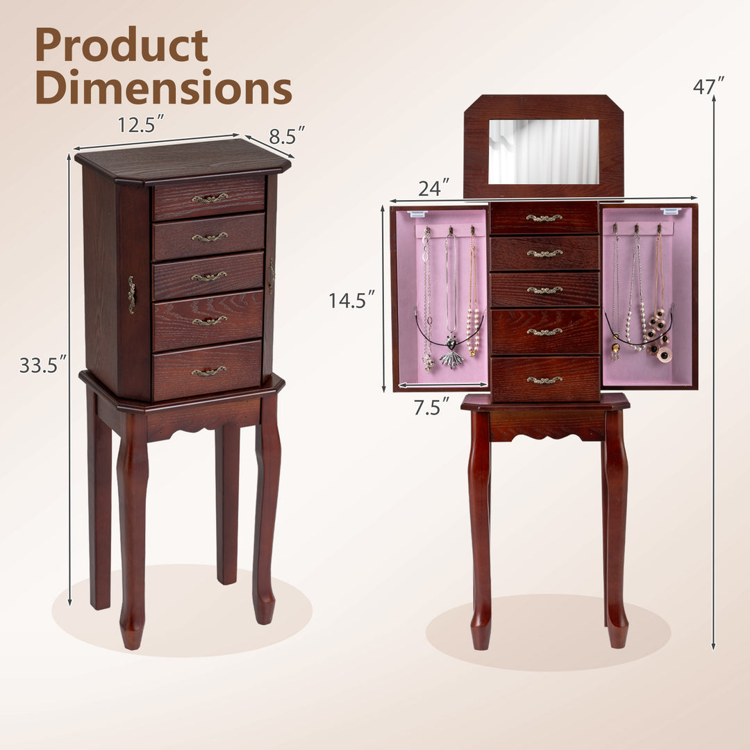 CHARMAID Standing Jewelry Organizer Cabinet with 4 Drawers, Top Storage Tray with Ring Slots, 2 Side Doors