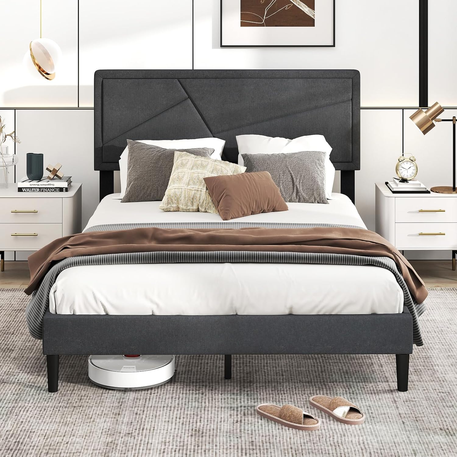 Modern Upholstered Platform Bed Frame with Geometric Tufting Headboard