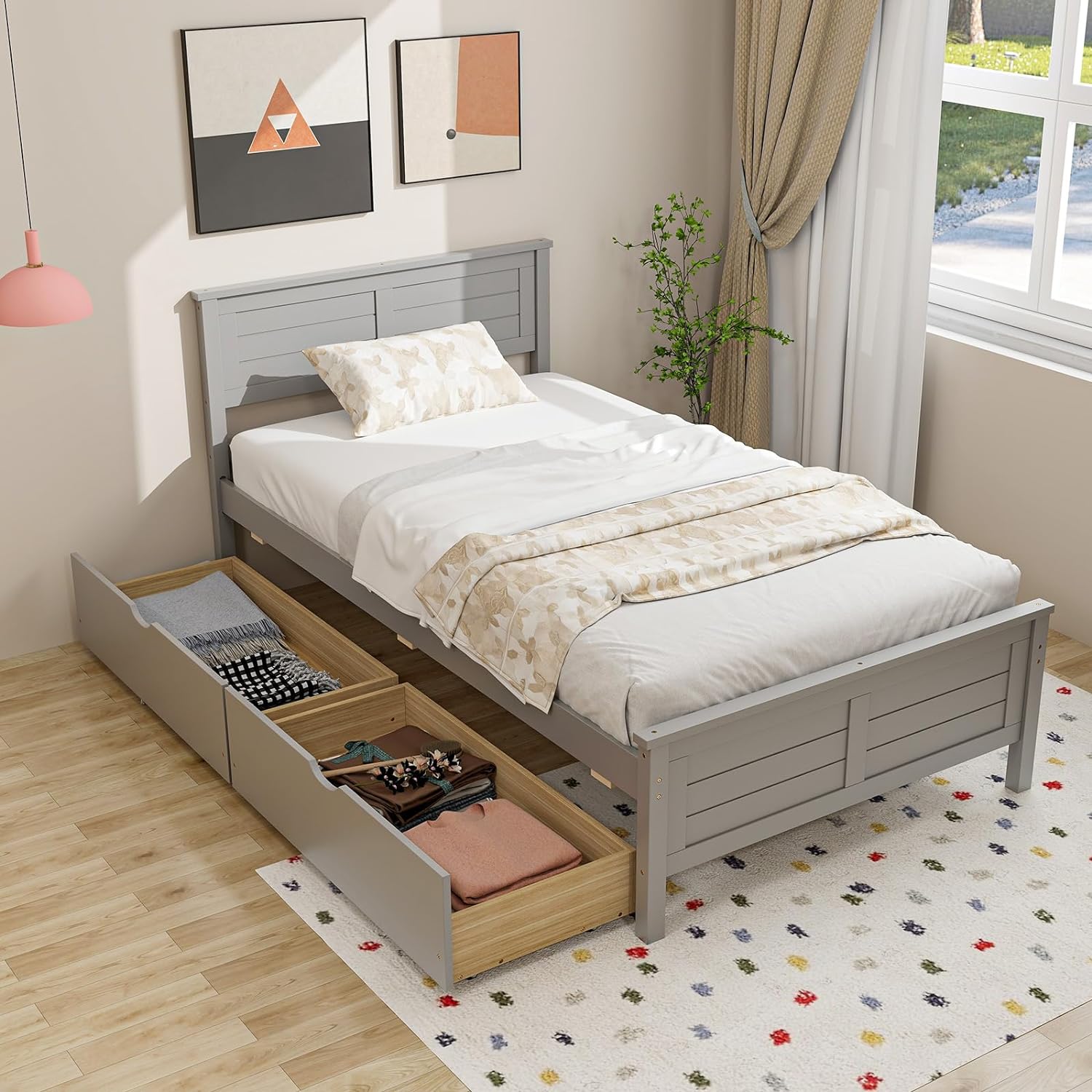 Giantex Wood Full Size Bed Frame with 2 Storage Drawers, Solid Wood Platform Bed with Headboard