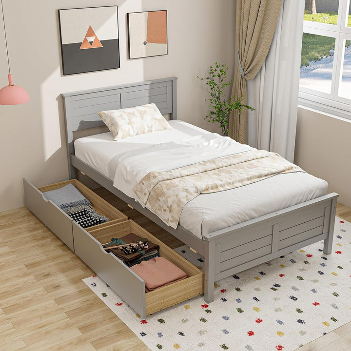 Giantex Wood Full Size Bed Frame with 2 Storage Drawers, Solid Wood Platform Bed with Headboard