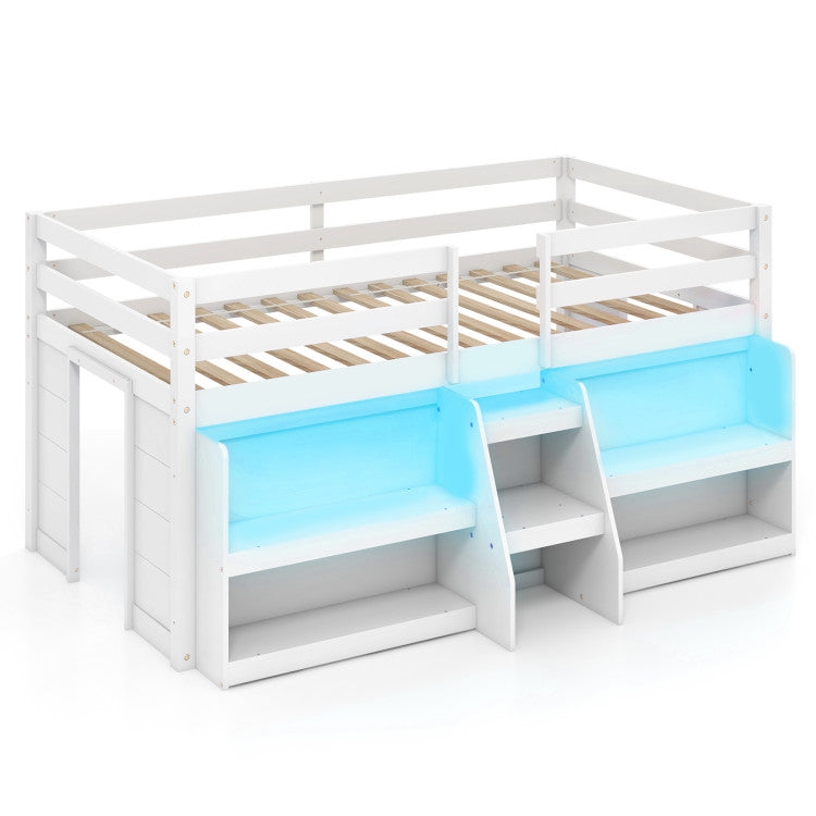 Giantex Low Loft Bed with LED Lights, Wooden Twin Loft Bed with Stairs & Safety Guardrail