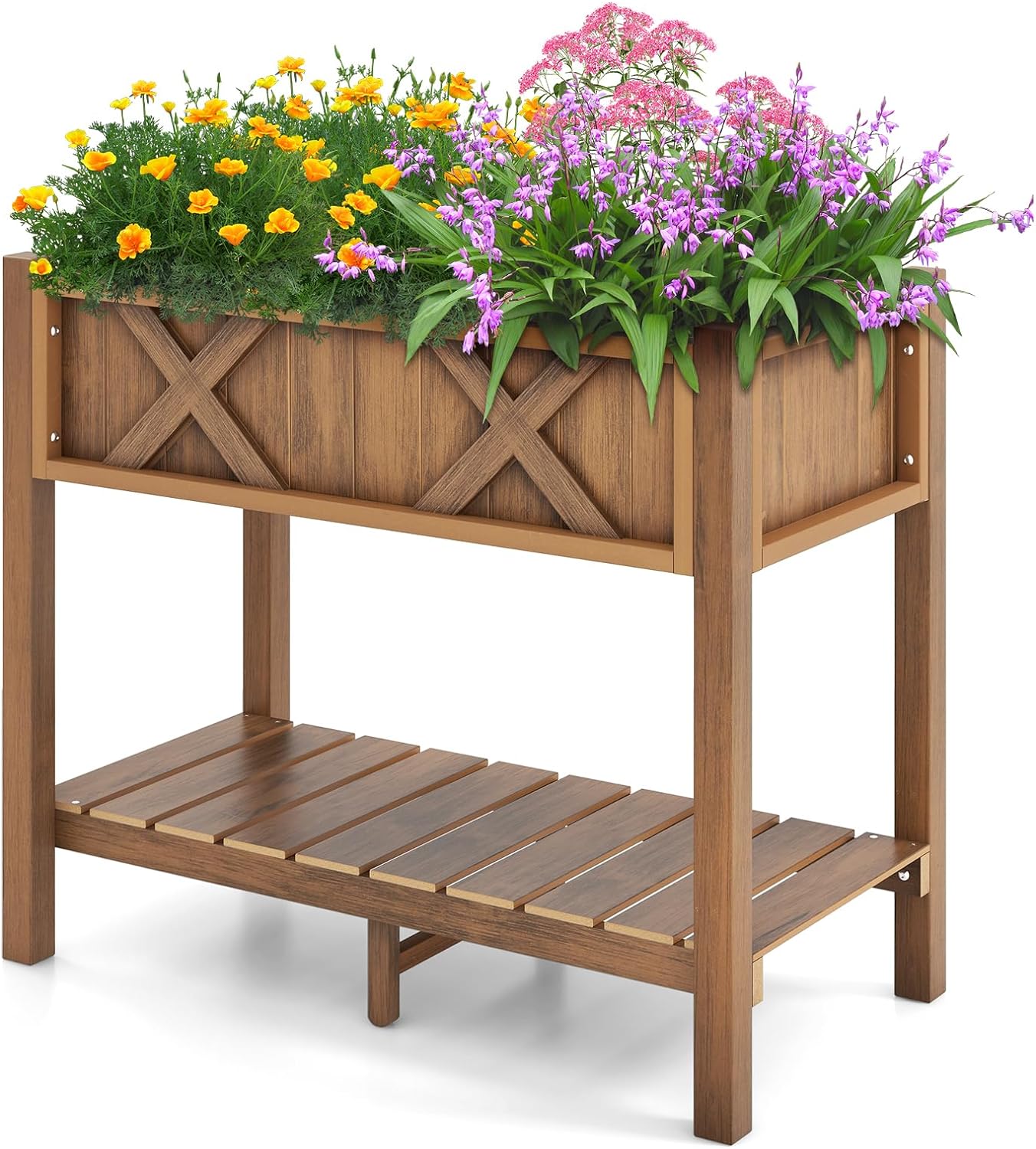 Giantex HIPS Raised Garden Bed, Elevated Planter Box w/Legs, Storage Shelf, Drain Holes