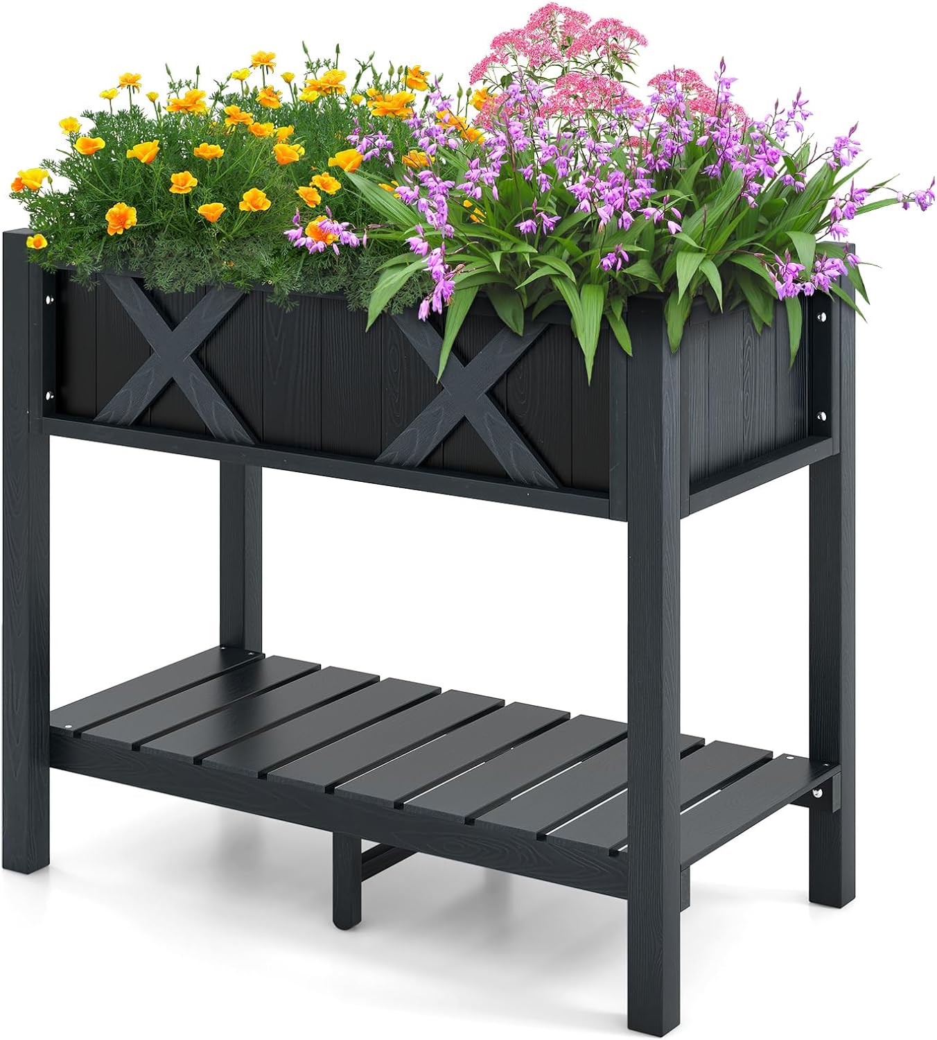 Giantex HIPS Raised Garden Bed, Elevated Planter Box w/Legs, Storage Shelf, Drain Holes
