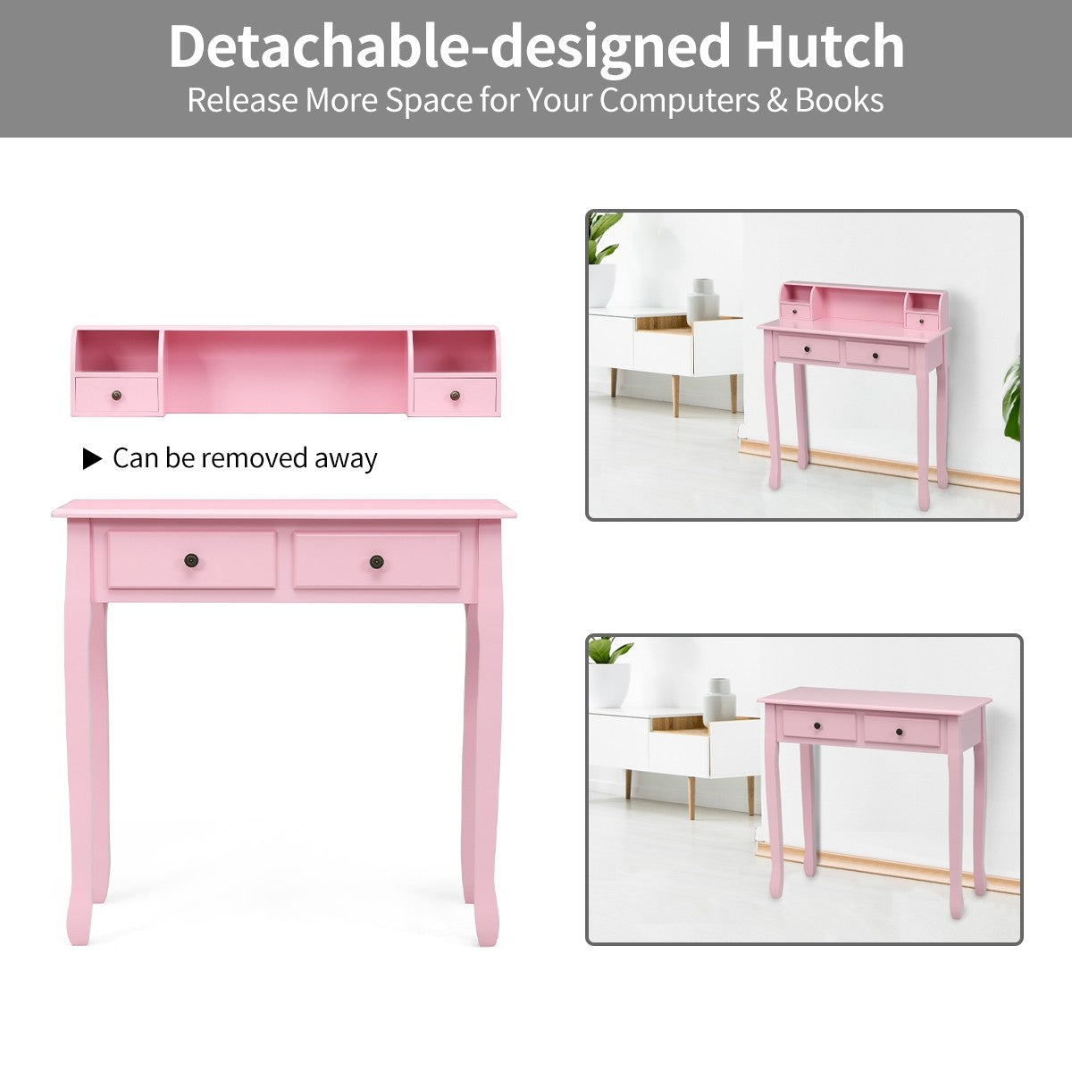 Writing Desk with 4 Drawers, Removable Floating Organizer