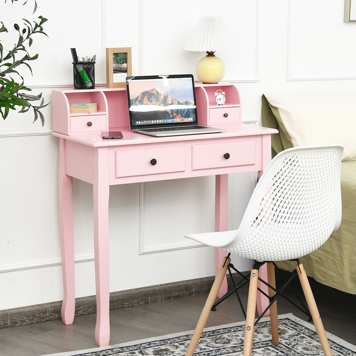 Writing Desk with 4 Drawers, Removable Floating Organizer