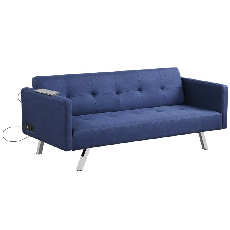 Convertible Futon Sofa, Modern 3 Seat Sofa Bed with USB and Power Strip