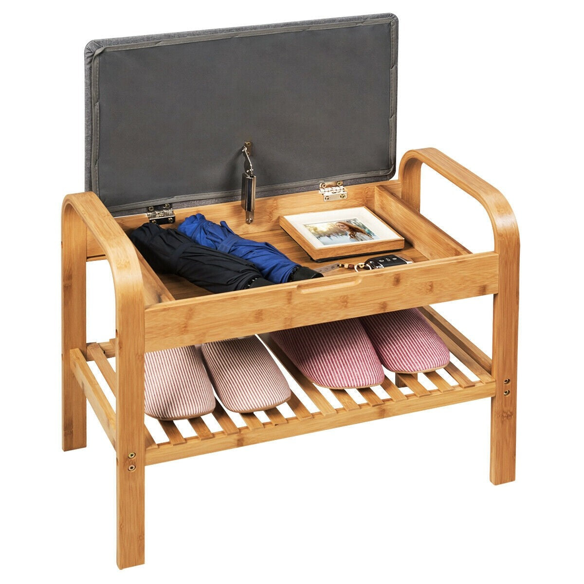 Giantex Shoe Rack Bench with Storage, Bamboo Storage Bench with Cushioned Seat, Holds Up to 330 LBS