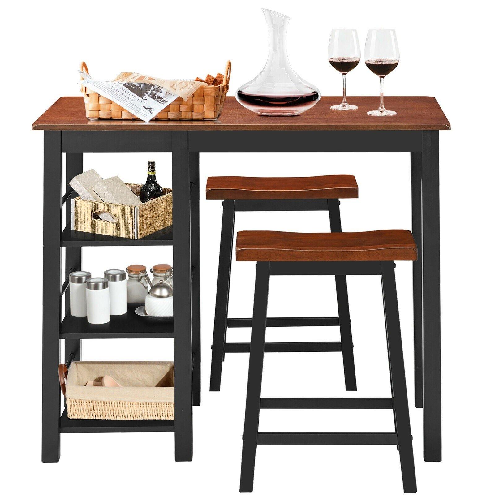 3 Piece Dining Set, Entirely Wood Counter Height Table Set with 2 Chair and 3-Tier Storage Shelves - Giantexus
