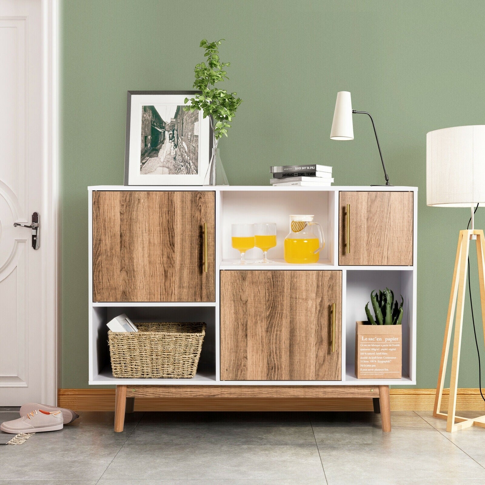 Sideboard Storage Cabinet W/Storage Compartments, Doors and Wood Legs