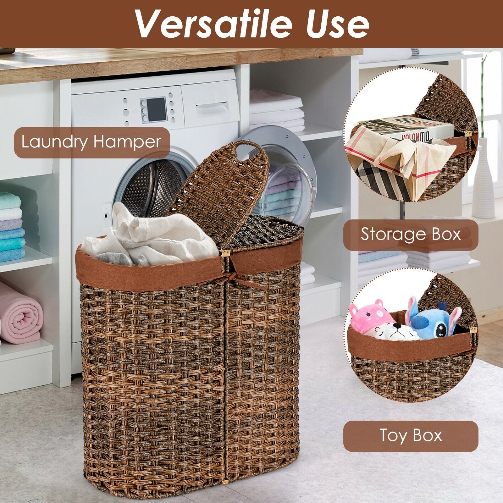 Hand-Woven Double Laundry Hamper with Lid