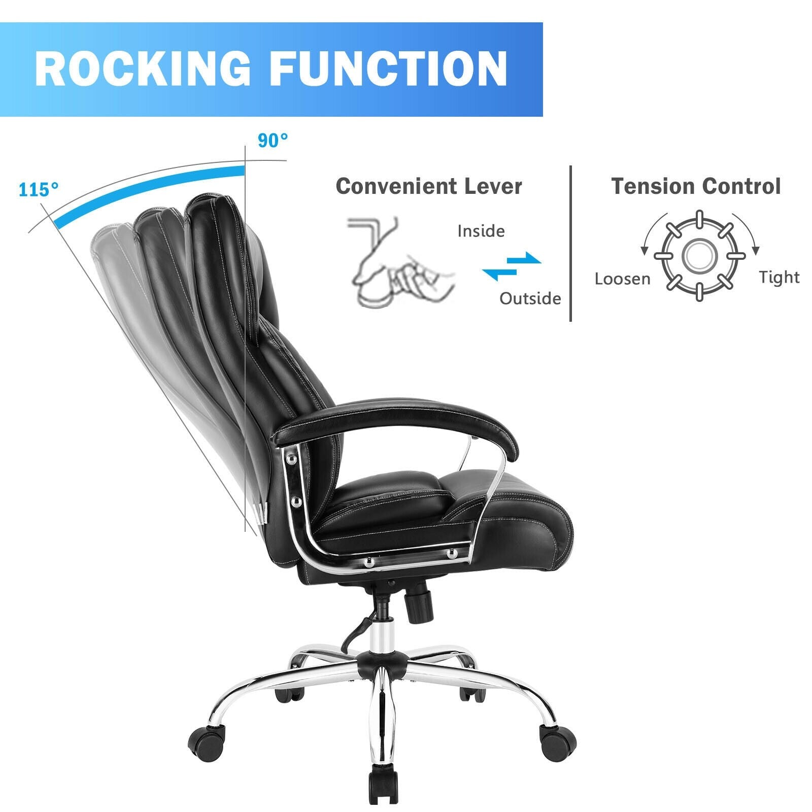 500LBS Leather Office Chair, Height Adjustable Big and Tall Executive Chair - Giantexus