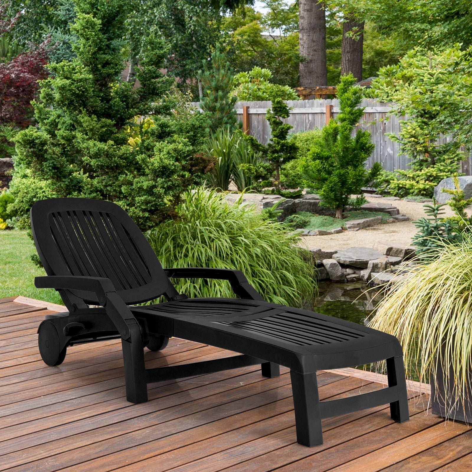Chaise Lounge Outdoor,Foldable Sun Lounger with Wheels - Giantexus
