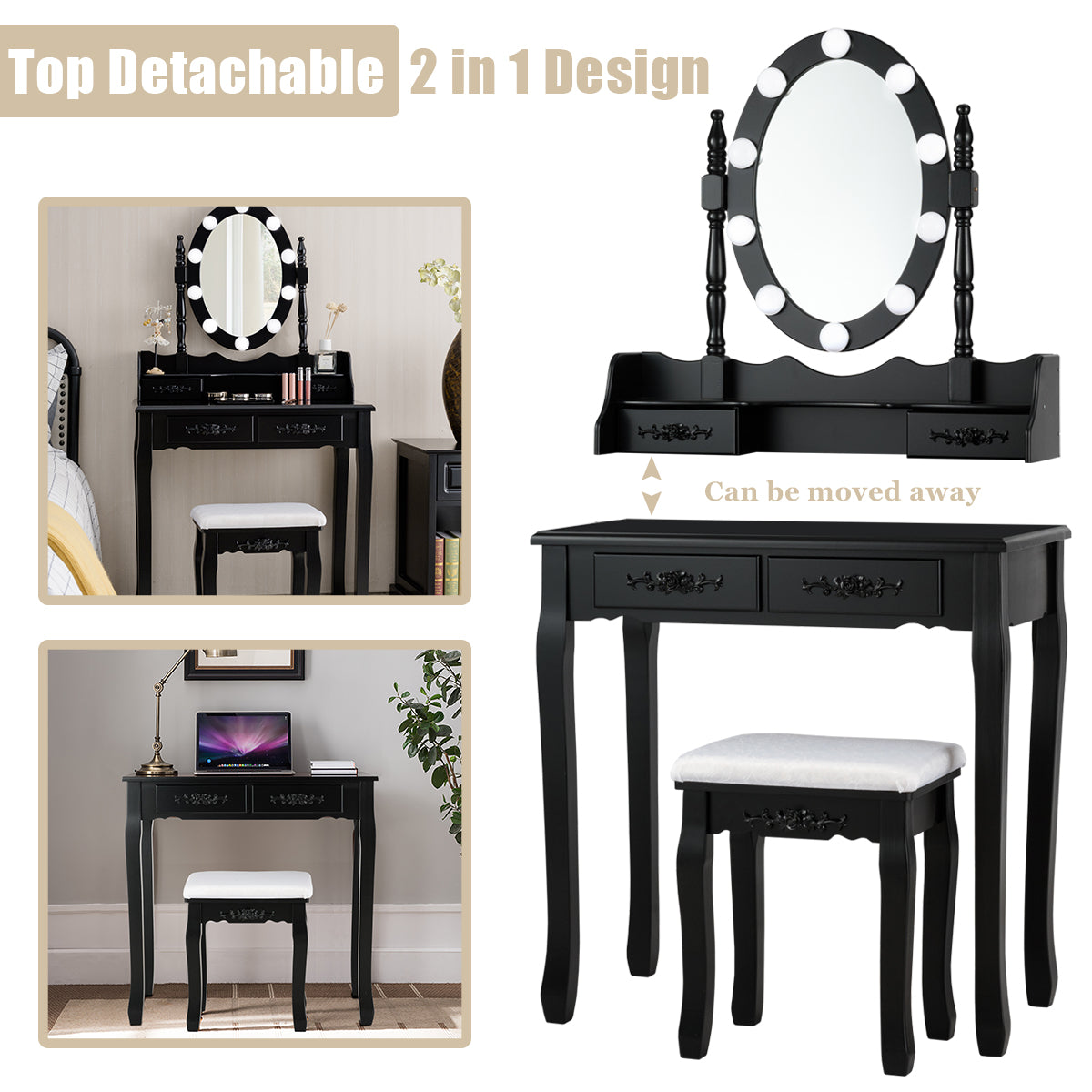 Makeup Dressing Table w/Lighted Oval Mirror and Touch Switch