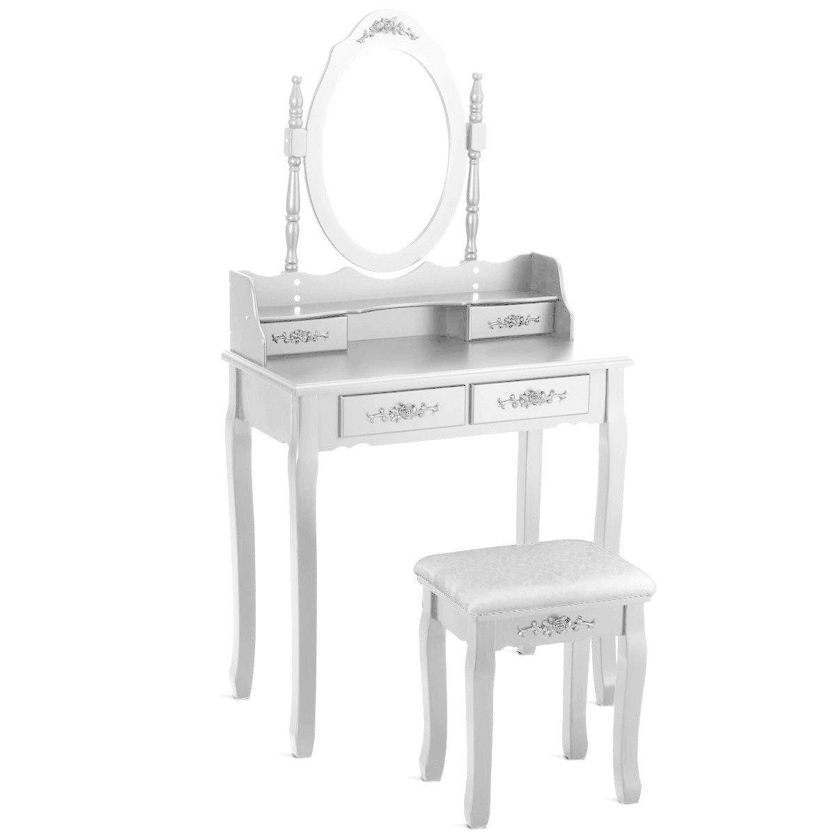 Vanity Table Set with Oval Mirror and 4 Drawers (White) - Giantexus