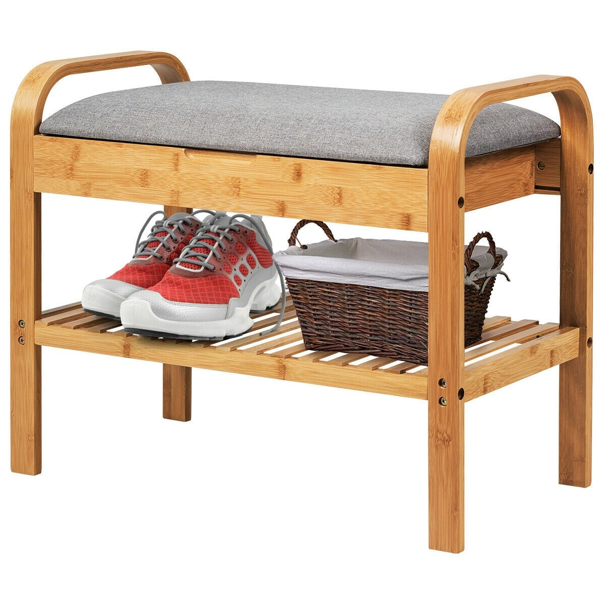 Giantex Shoe Rack Bench with Storage, Bamboo Storage Bench with Cushioned Seat, Holds Up to 330 LBS