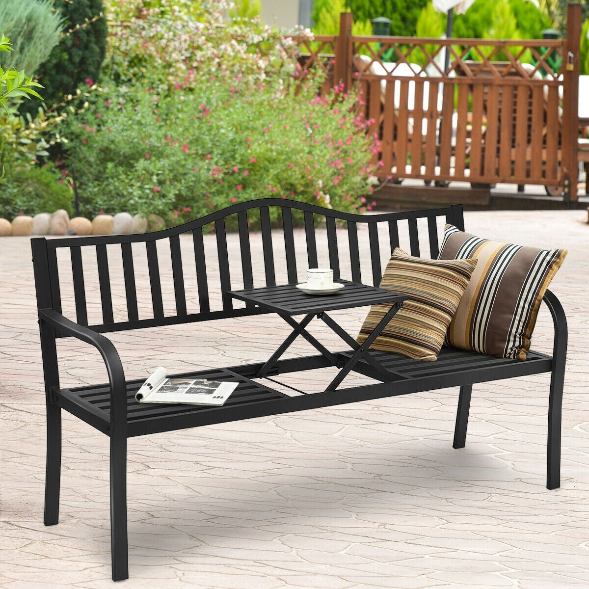 Giantex Patio Bench w/ Pullout Middle Table, Outdoor Benches2-3 Person, Metal Benches for Outside (Black)
